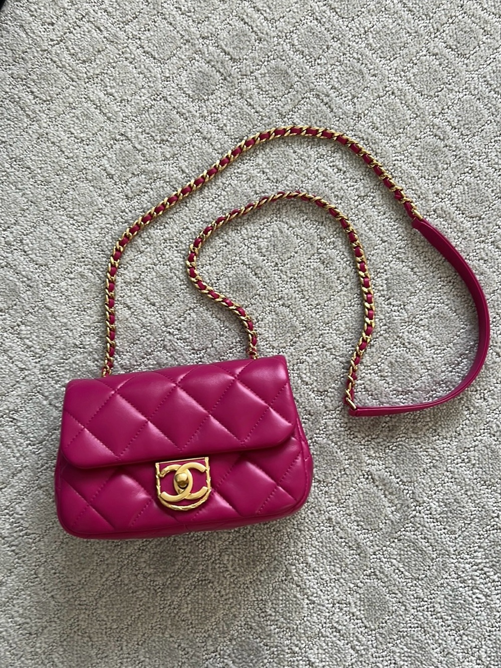 CHANEL Fuchsia Quilted Leather Mini Flap Bag with Gold Chain